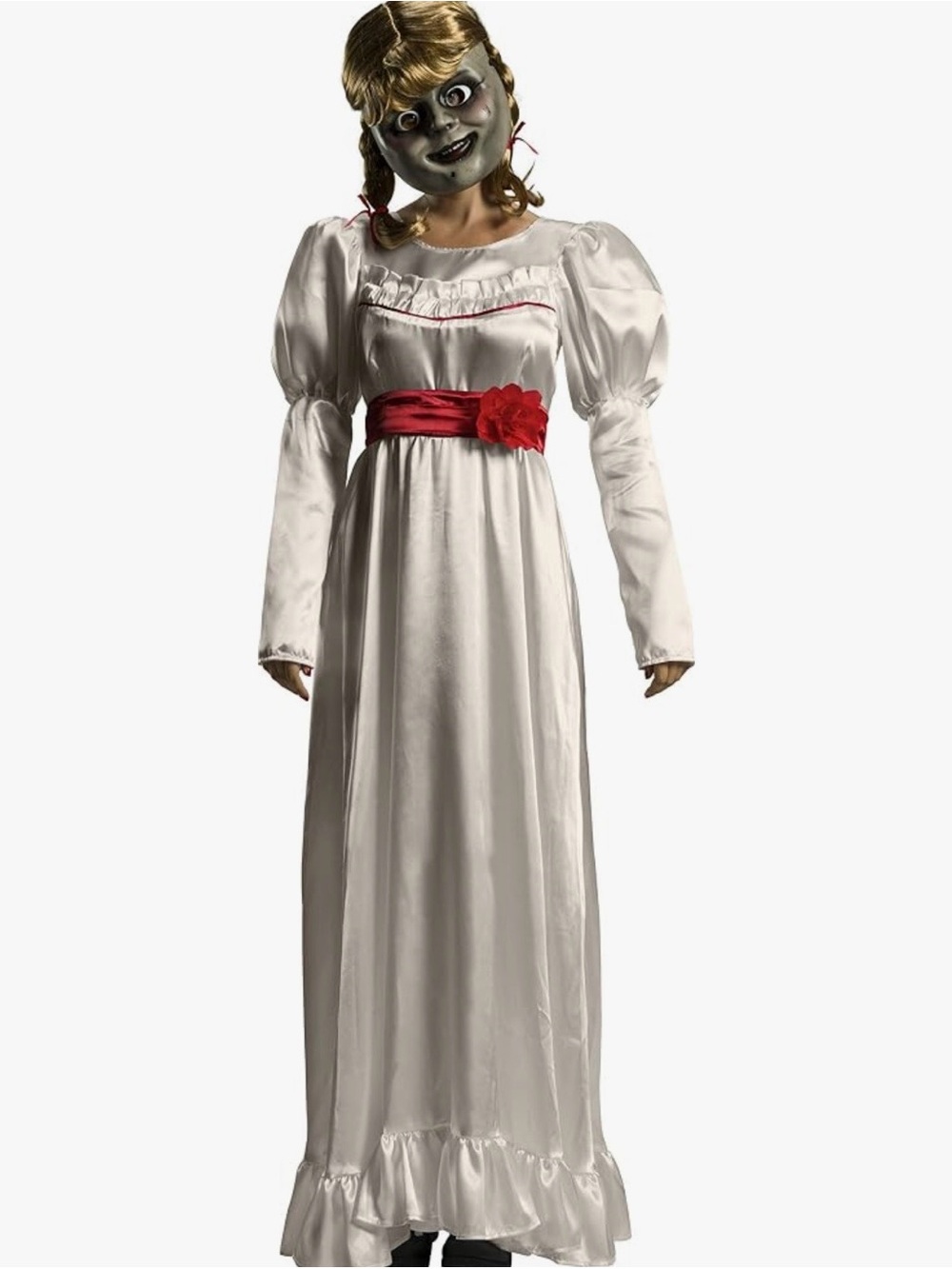 Annabelle Halloween Costume White Satin Long Sleeve Dress with Red Sash